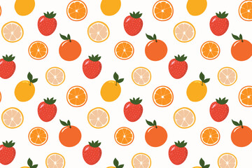 Seamless pattern with fruits on white background. Citrus orange and red strawberry doodle background vector.