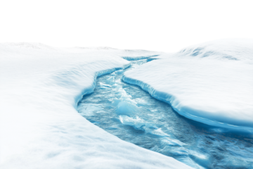 glacial stream flowing through winter wonderland isolated on transparent white background