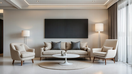This image depicts a modern living room with a minimalist design.