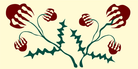 Stylized Botanical Illustration with Red Spiky Flowers and Green Thorny Leaves on Cream Background, Abstract Floral Design, Unique Plant Art with Decorative Pattern, Vintage Style Drawing