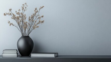 Still life featuring a black vase dried flowers and books