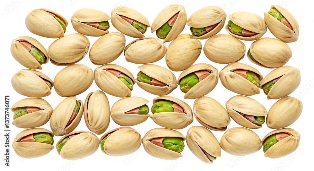 Poster a close up shot showing many pistachios arranged in a grid pattern against a black background