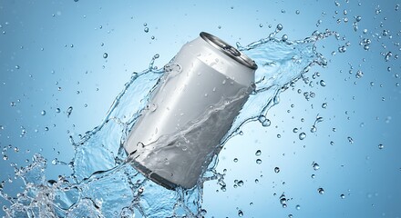 Aluminum Can Refreshment with Splashing Water Against a Blue Background Studio