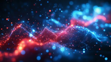 Obraz premium Abstract colorful waves of digital data illuminated by blue and red lights, creating a mesmerizing glowing effect.