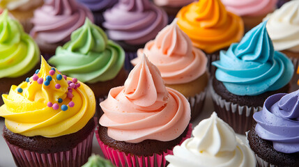 Colorful cupcakes with swirled frosting on a festive display  