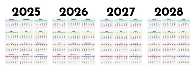 Set of calendars for 2025, 2026, 2027 and 2028 on a white background