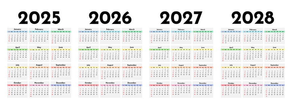 Set of calendars for 2025, 2026, 2027 and 2028 on a white background