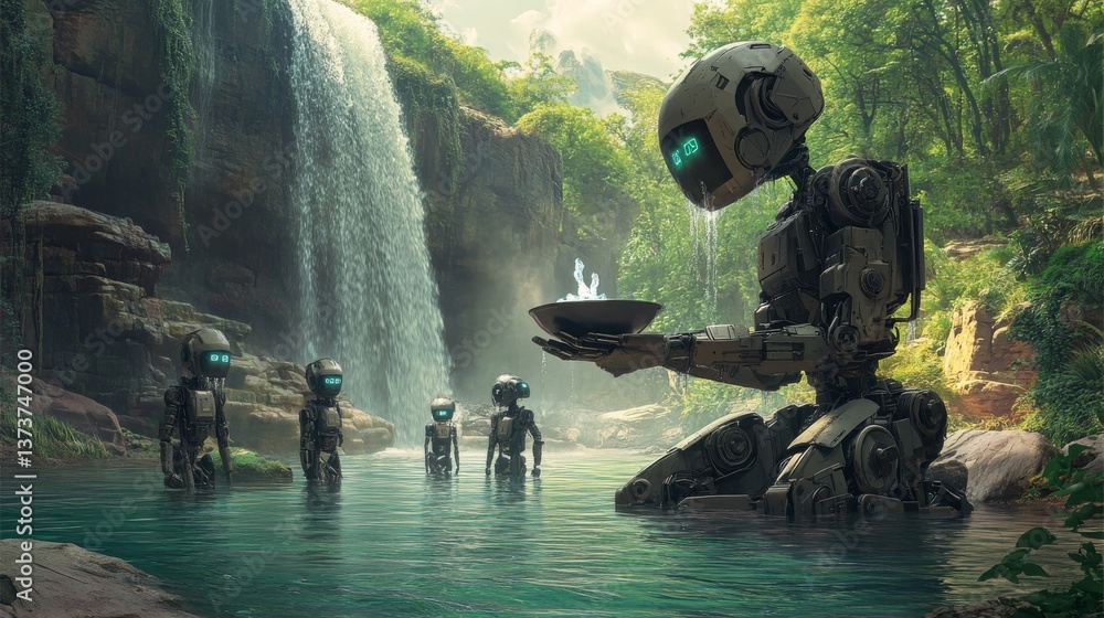 Poster advanced humanoid robot kneeling in a tranquil rainforest stream, holding a bowl under a cascading w