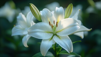 Fototapeta premium Elegant white lily blooms steal the show, framed by soft greenery. A serene, close-up view captures delicate petals and vibrant stamens