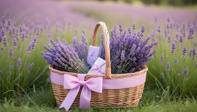 A wicker basket filled with lavender and gifts sits in a field of flowers, soft diffused lighting, bokeh effect