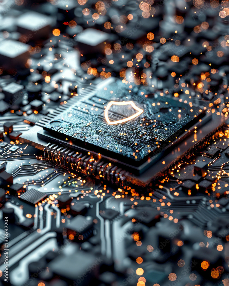 Poster futuristic security technology: shield symbol on microchip with data flow across motherboard in 3d r