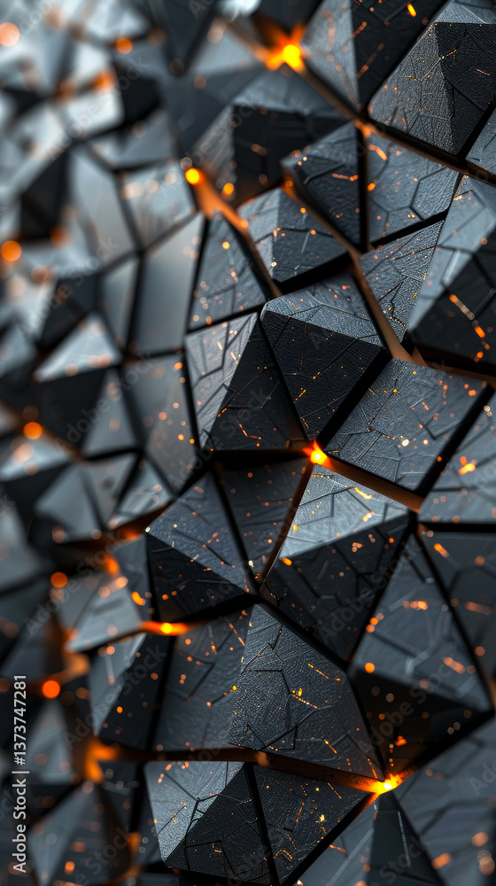 Poster 3d render of polished semigloss triangular black tile wallpaper with dynamic geometric patterns and 