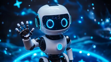 A friendly, futuristic robot waving against a glowing digital background filled with stars and blue light effects, representing advanced AI and robotics in a captivating sci-fi setting.. AI Generation