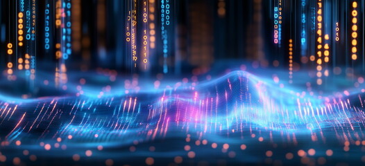 Data trends. Three dimensional surface of complex data subjects. Blue wire frame mesh on black background. Data visualization. 3D illustration, 3D rendering.