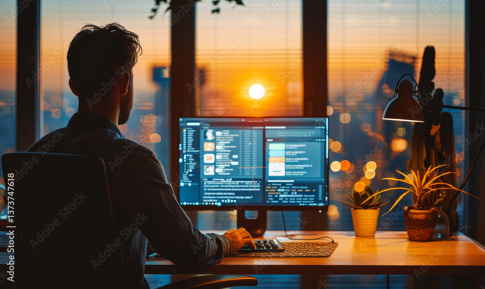 Aufkleber evening shot of young app developer working on ui design at office desk with city view at sunset, mo