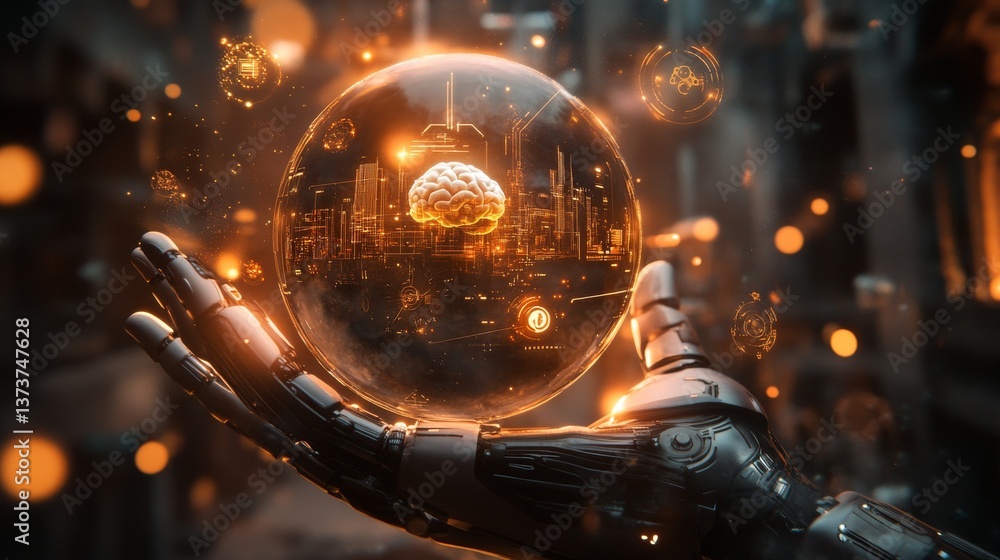 Poster a sci-fi digital artwork showcasing a robotic hand holding a glowing orb with a neural brain design.
