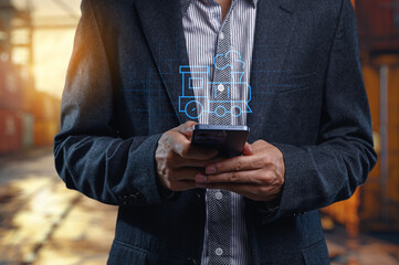 Businessman Using Smartphone for Worldwide Trading and Exporting Goods