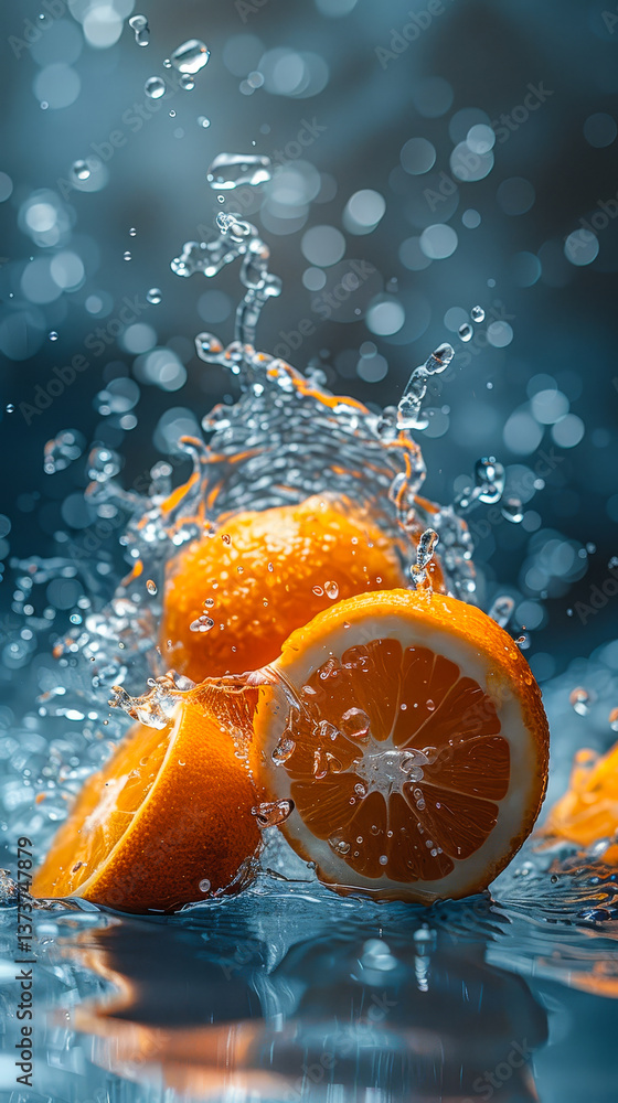 Poster vibrant fresh orange slices in water splash with bokeh effect on dark background - refreshing citrus