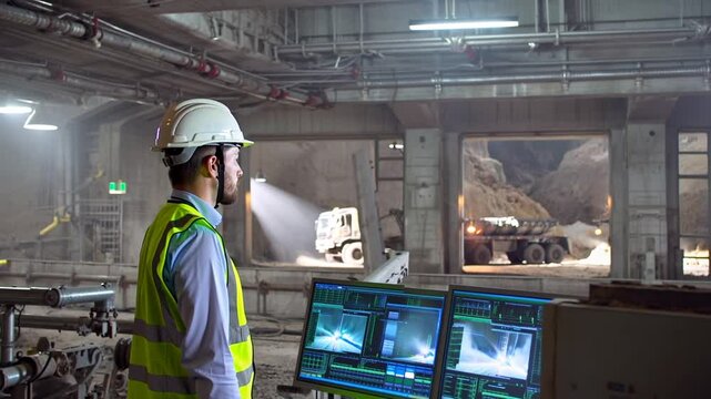 A mining engineer stands in an office in a mine and looks at a screen showing heavy mining equipment and digital charts. Through the window, heavy mining equipment is visible at work