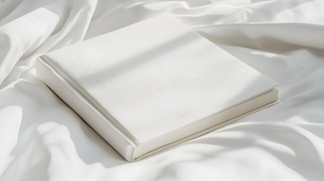 Elegant album resting on soft, white fabric in gentle lighting. Capture memories beautifully preserved.