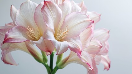 Fototapeta premium Stunning close up of a gladiolus flower with layers of soft pink and white petals opening gracefully.