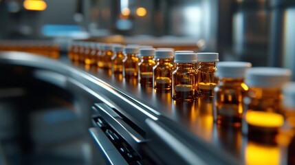 Close-up of amber glass bottles on a manufacturing line, illuminated by ambient light, representing a precise pharmaceutical production process in a sterile industrial environment.. AI Generation
