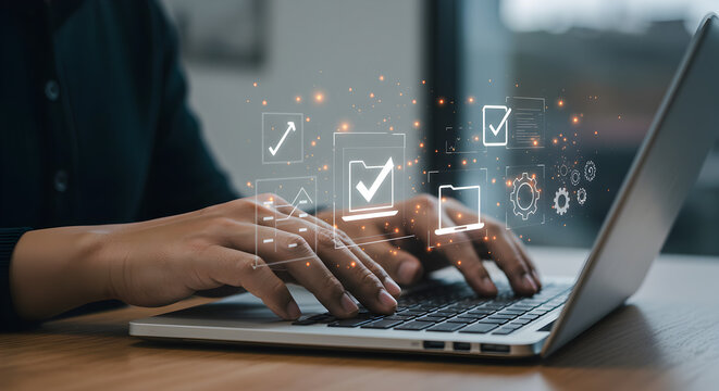 Person typing on a laptop with digital document icons floating above the keyboard and hands visible
