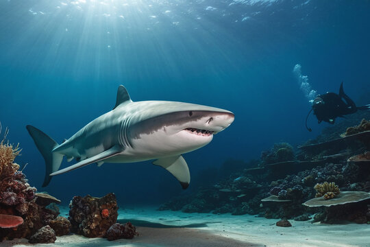 Great White Shark Gliding Through Deep Blue Ocean - Underwater Marine Predator Near Coral Reef with Scuba Diver
