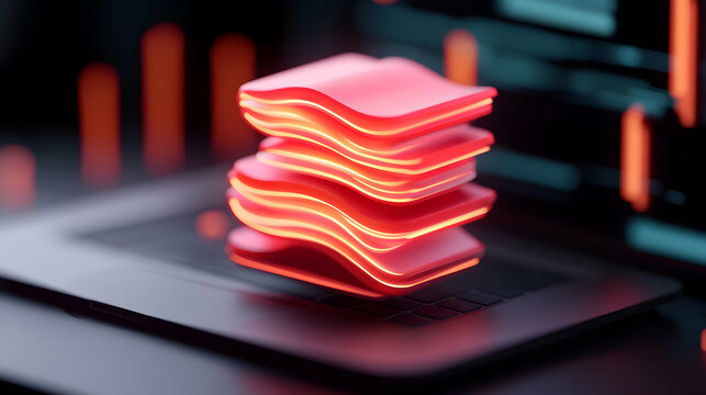 Glowing Red Data Layers Stack on Dark Digital Background