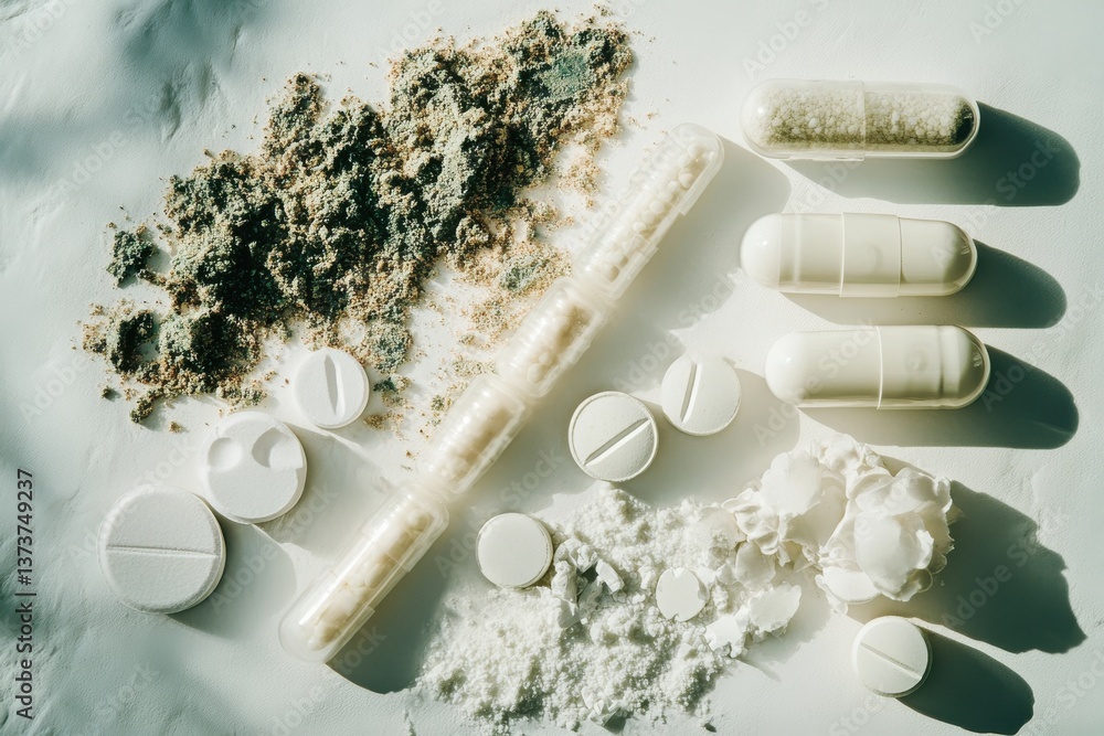 Poster various types of dietary supplements and powders displayed on a textured background in soft light
