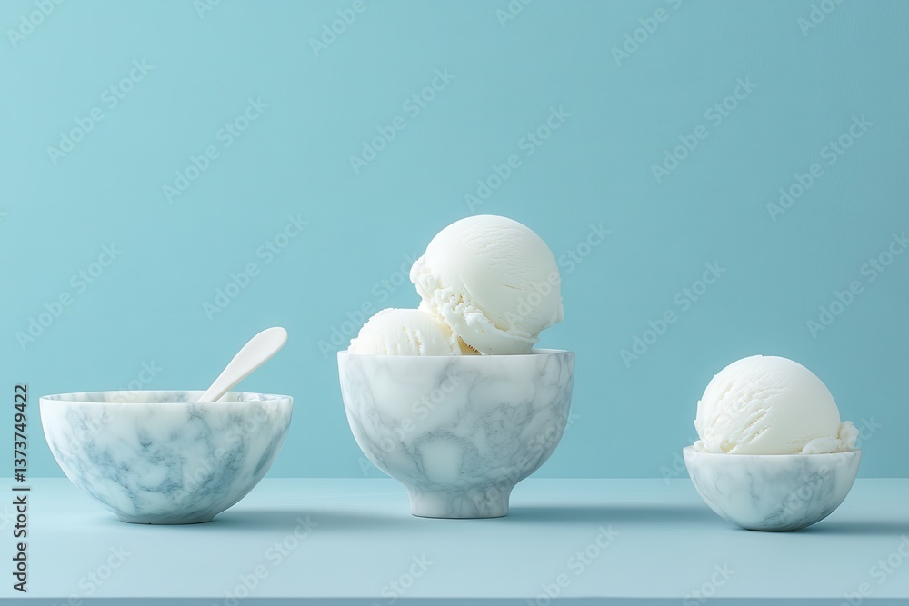 Poster Elegant marble bowls filled with creamy ice cream against a soft blue background create a refreshing dessert display