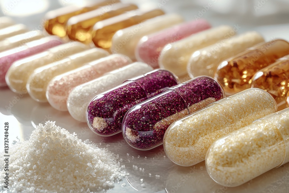 Poster assorted colorful capsules and powders arranged attractively on a white surface showcasing diverse c