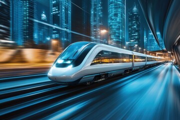 Fototapeta premium High-tech bullet train traveling through a futuristic urban landscape