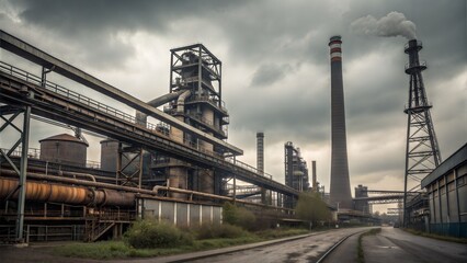Obraz premium Industrial landscape with smokestacks and machinery under cloudy sky at a factory site