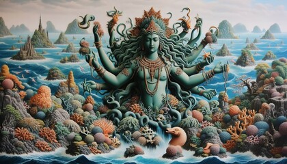 Fototapeta premium A portal for Coatlicue a sky spirit whose wings create whirlwind