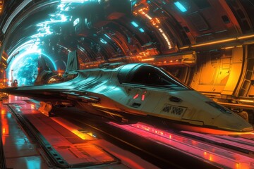 Futuristic spaceship hangar with advanced spacecraft