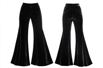 Obraz premium Black velvet flared trousers displayed from multiple angles showcasing elegant design and fabric texture for fashion enthusiasts