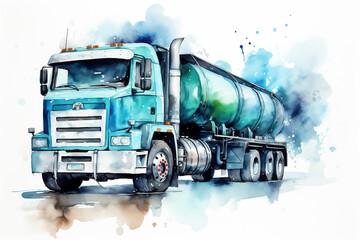 Blue tanker truck with the watercolor splashes isolated on transparent background.