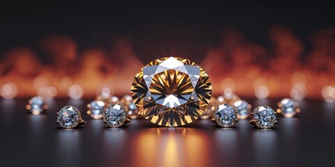 Fototapeta premium Large diamond glistening among smaller diamonds with fiery background.