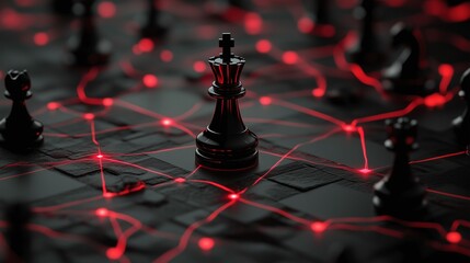 Black king chess piece standing on a dark chessboard with red laser connections, symbolizing strategy, network, and digital warfare
