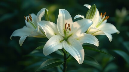 Elegant white lily blooms against a vibrant green backdrop. A serene and captivating floral portrait