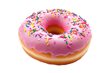 Pink donut with sprinkles on white background.