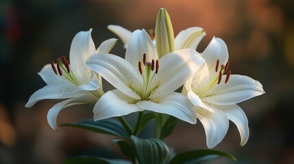 Fototapeta premium Elegant white lilies bloom in soft focus, their delicate petals and golden stamens creating a serene, natural beauty