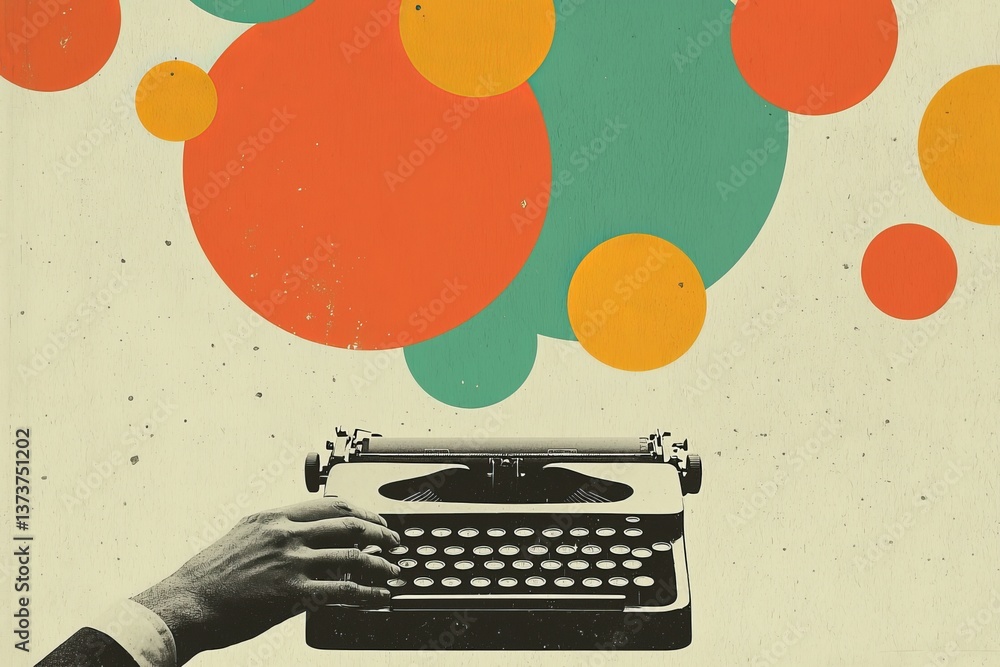 Fototapete a cropped image of a female hand holding an antique typewriter is set against a retro grey backgroun