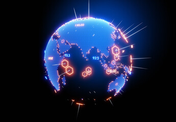 Obraz premium Neon planet Earth and lit up places of growing market. Asia and Australia side. Economy, finance Concept. 3D rendering illustration