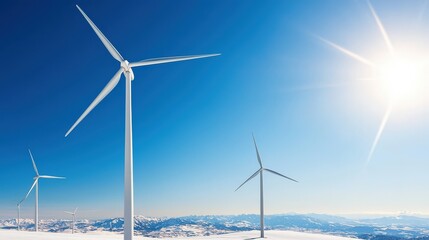 Wind Turbines Against Clear Blue Sky with Bright Sunlight