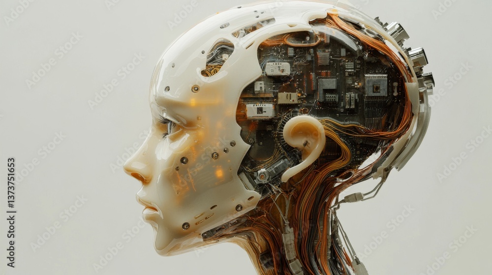 Poster a close-up of a humanoid robot head showcasing detailed circuitry and translucent material, symboliz