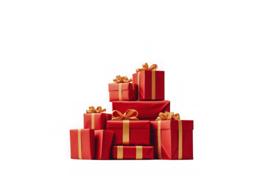 Red gift boxes with gold ribbons on white backdrop.
