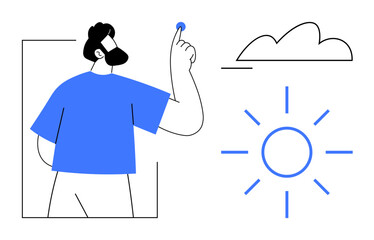 Bearded man in blue shirt reaching to interact with sun under cloud in abstract minimalist design. Ideal for concepts thumbs up technology, innovation, smart control, environment, weather, energy