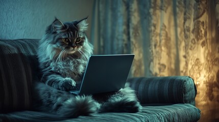 Cozy feline remote worker lounging on a plush sofa with a laptop, combining pet companionship and modern digital workspace
